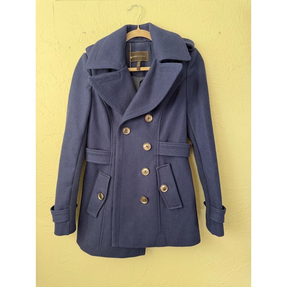 BCBGMAXAZRIA Navy Blue Wool Blend Double Breasted Pea Coat Gold Buttons XS
